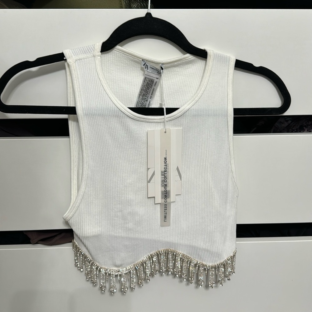 ZARA RHINESTONE HEM CROP TOP CONTOUR TANK - Picture 2 of 5